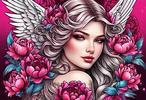 beautiful angel wings with colorful hot pink, burgundy, peonies. beautiful flilligree in the background , full color tattoo idea