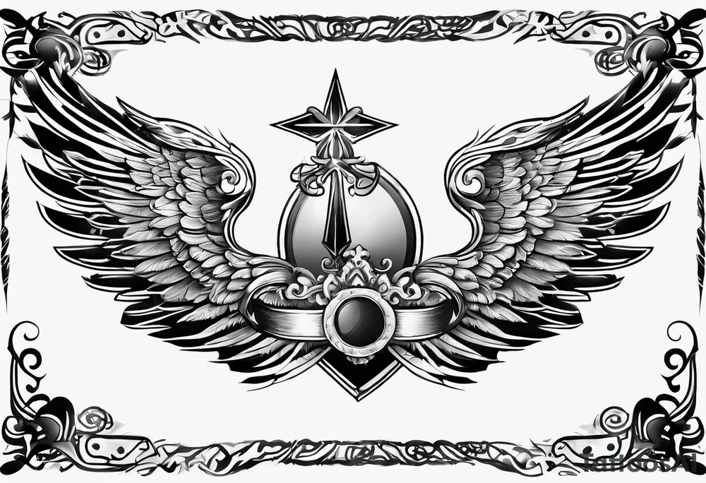 the word Glenn on a banner and angel wings tattoo idea