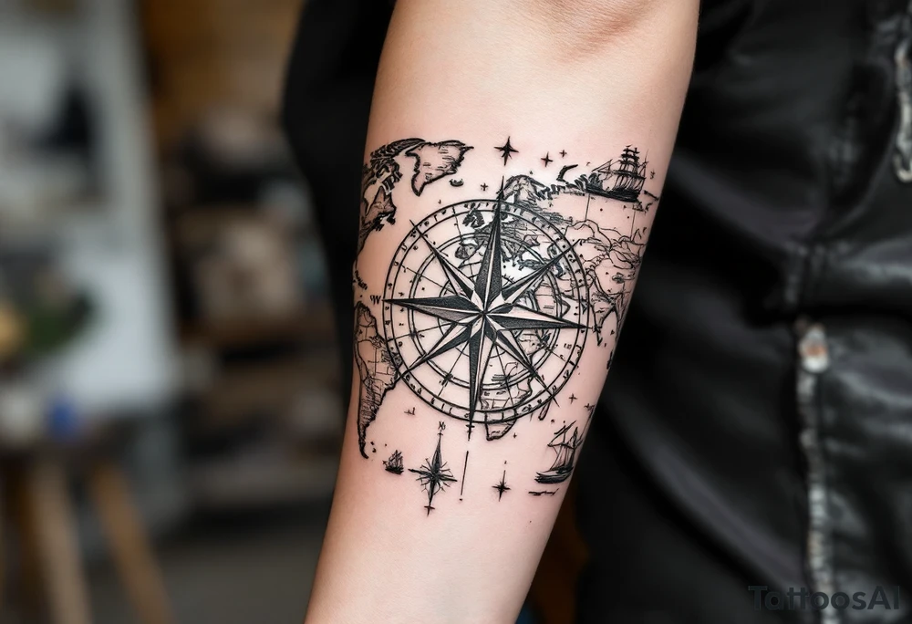 antique compass rose overlaid on weathered world map with sailing ships tattoo idea