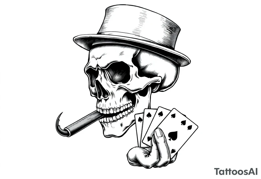 a skull with mustache, a big cigar in his mouth,top-hat on his head and playing cards in a hand. tattoo idea
