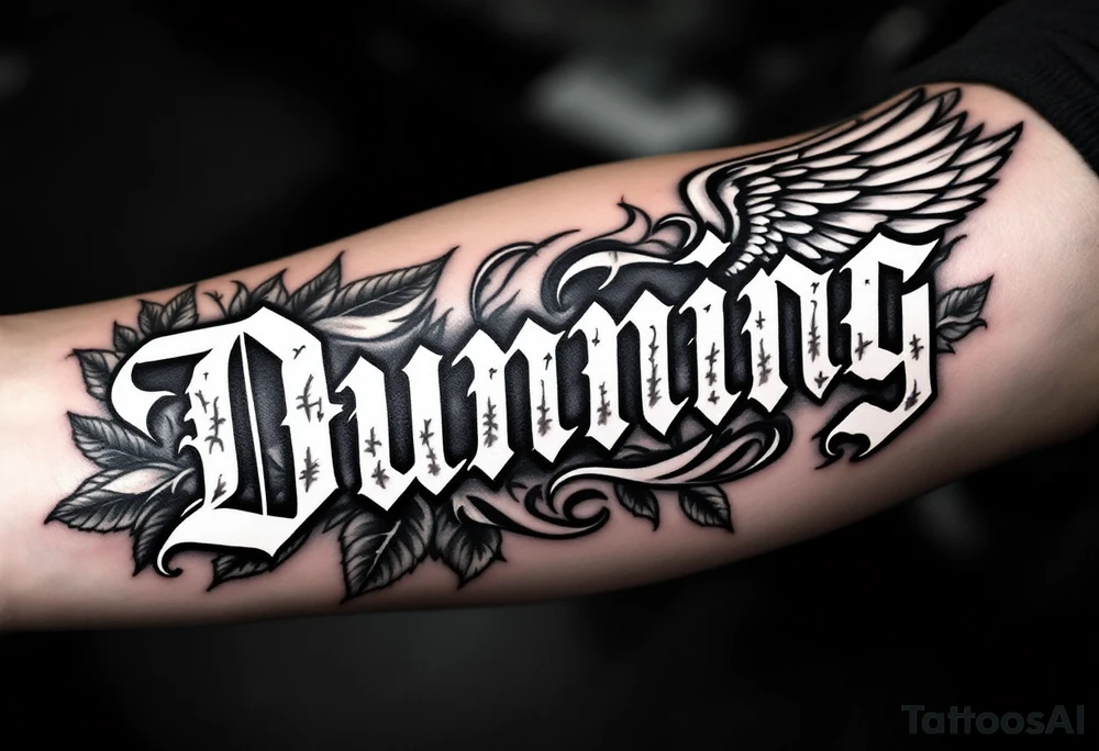 Dunning, left forearm details include angel wing, greek type of font,jungle leaves, name is big and in white color tattoo idea