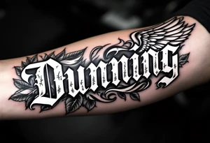 Dunning, left forearm details include angel wing, greek type of font,jungle leaves, name is big and in white color tattoo idea