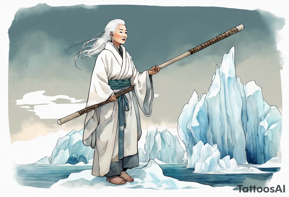 a 40 year old Inuit woman with white hair and a white robe holding a white bo staff, standing on an iceberg, smiling tattoo idea