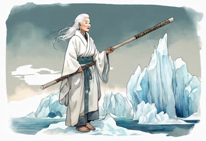 a 40 year old Inuit woman with white hair and a white robe holding a white bo staff, standing on an iceberg, smiling tattoo idea