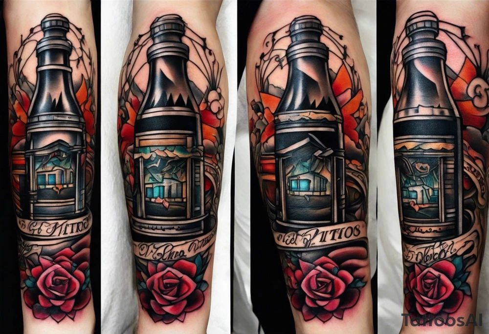 Ok so on my forearm I was wanting like a nitrous bottle with a line going into my veins and like lines weaving in and out of my veins all the way up to my chest and have a turbo heart on my left peck but on the I was also wanting brother hood embedded on the lines tattoo idea