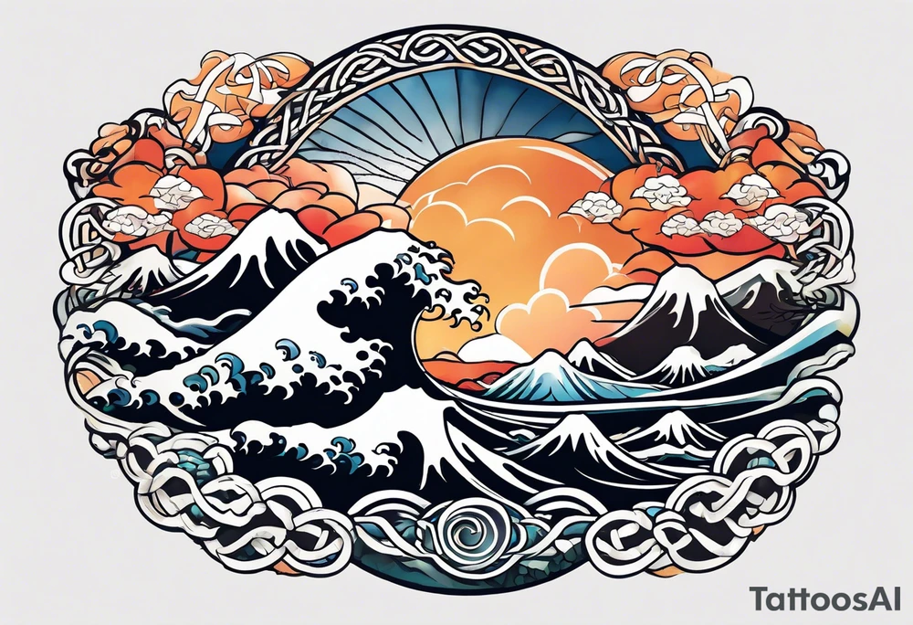 celtic pattern in the negative space japanese wave.  . clouds tattoo idea