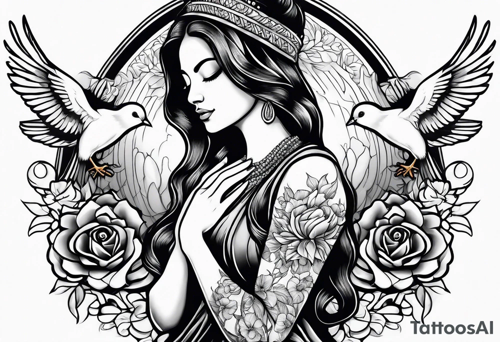 Woman praying hands with doves tattoo idea