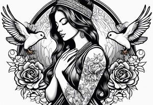 Woman praying hands with doves tattoo idea