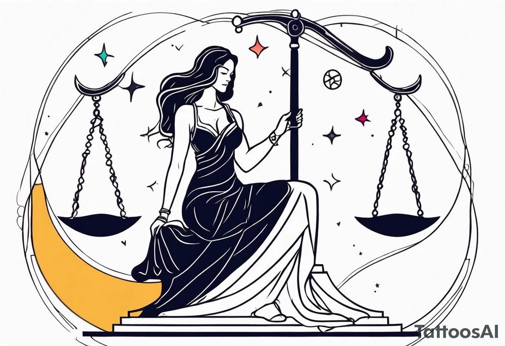 Libra woman holding scales with a night zodiac background including a half moon that encircles half of the woman with vibrant colors tattoo idea