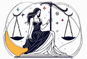 Libra woman holding scales with a night zodiac background including a half moon that encircles half of the woman with vibrant colors tattoo idea