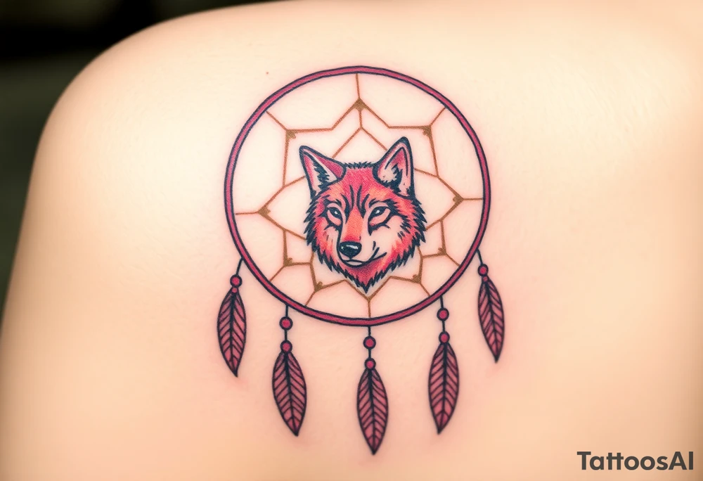 A wolf’s paw print in the center of a dreamcatcher, with the wolf’s face subtly peeking through. The dreamcatcher threads are light brown, and the paw print is shaded in dark pink with hints of violet around the edges. tattoo idea