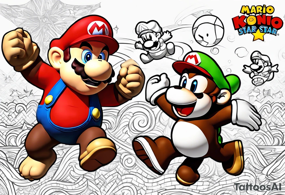 Baby mario and donkey kong jumping for a mario star. Baby Mario's hat says Kade. Donkey Kong's tie says Kyle tattoo idea