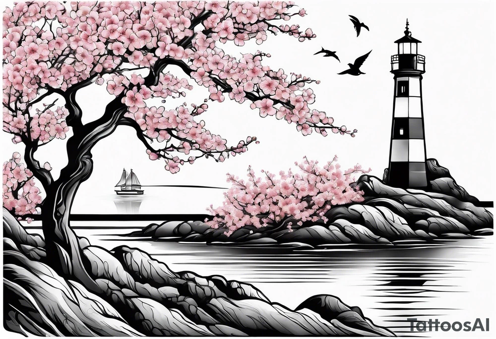 small cherry blossom with lighthouse tattoo idea