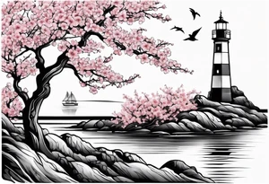 small cherry blossom with lighthouse tattoo idea