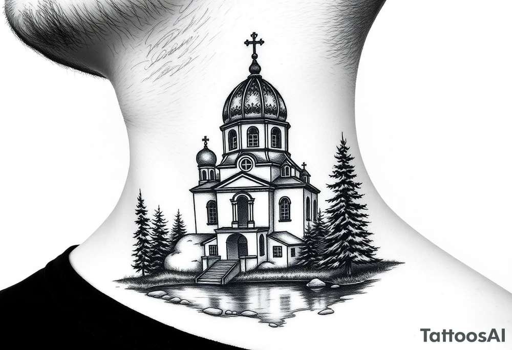medium sized russian orthodox dome church with a separated virgin mary praying beside a lake and pine trees on the sized of my neck tattoo idea