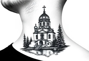 medium sized russian orthodox dome church with a separated virgin mary praying beside a lake and pine trees on the sized of my neck tattoo idea