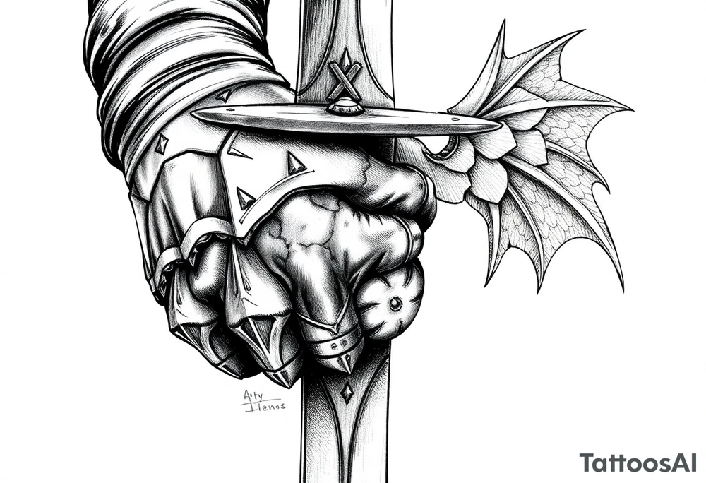 Close-up of knight's gauntlet holding sword, dragon scales visible in background. tattoo idea