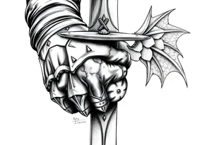 Close-up of knight's gauntlet holding sword, dragon scales visible in background. tattoo idea