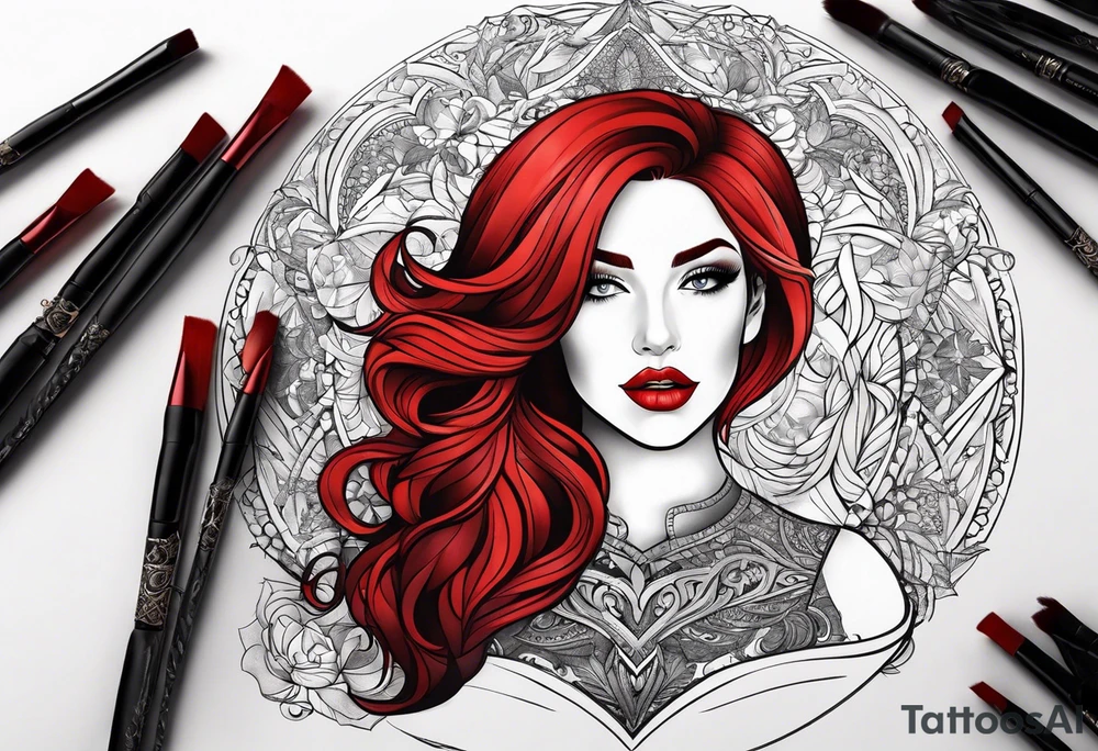 Busty red haired woman with a bearded man who has black hair tattoo idea