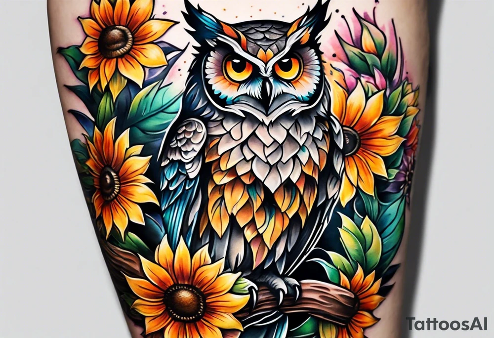 Leg sleeve with colorful sunflowers and an owl tattoo idea