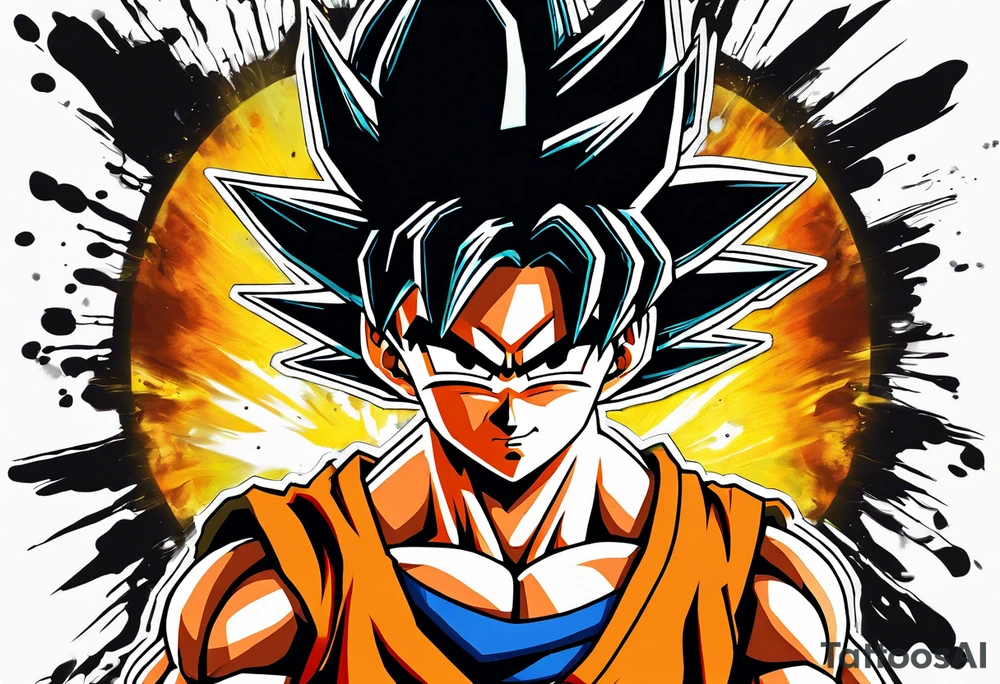 paint son goku as a super saiyajin 2, doing a kamehameha. sourround him by his friends and his family. all of them are displayed as a papercut tattoo idea