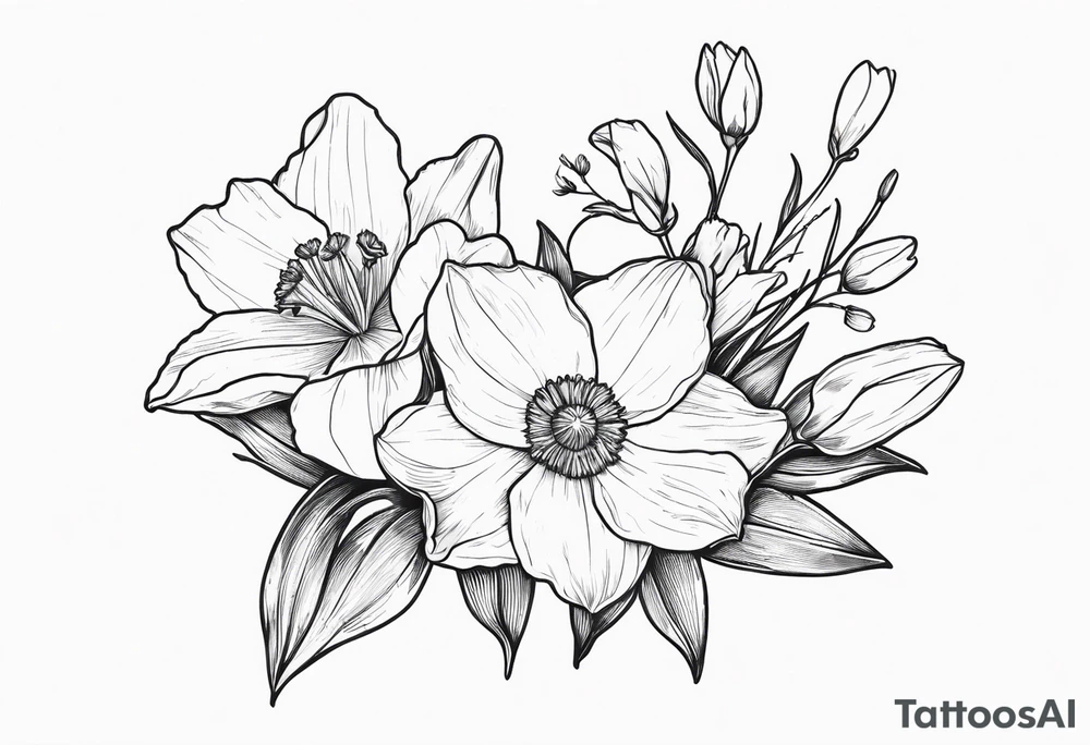 Dainty mini fine line 
Bouquet Held together with a bow:
DAFFODIL
JONQUIL
ASTER
MORNING GLORY tattoo idea