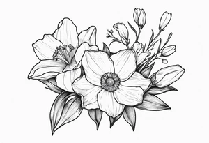 Dainty mini fine line 
Bouquet Held together with a bow:
DAFFODIL
JONQUIL
ASTER
MORNING GLORY tattoo idea