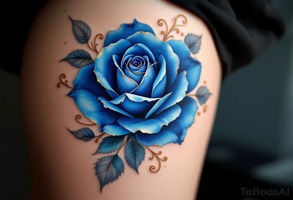 Baroque-style blue rose, rich cobalt petals with golden ornamental swirls and vines around it. tattoo idea