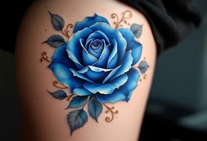 Baroque-style blue rose, rich cobalt petals with golden ornamental swirls and vines around it. tattoo idea