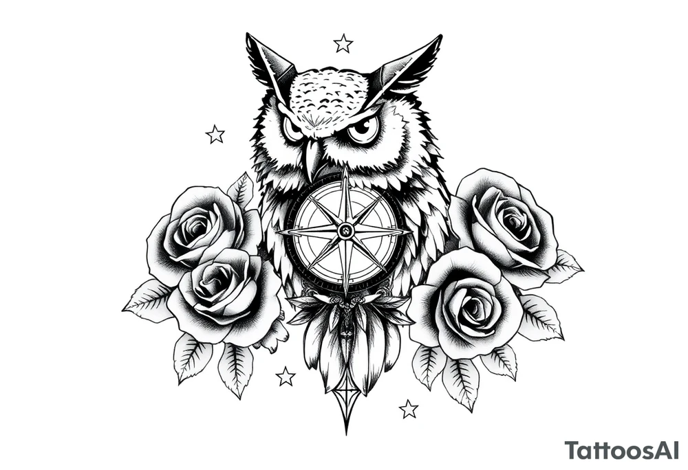 an owl,compass,roses,stars. tattoo idea