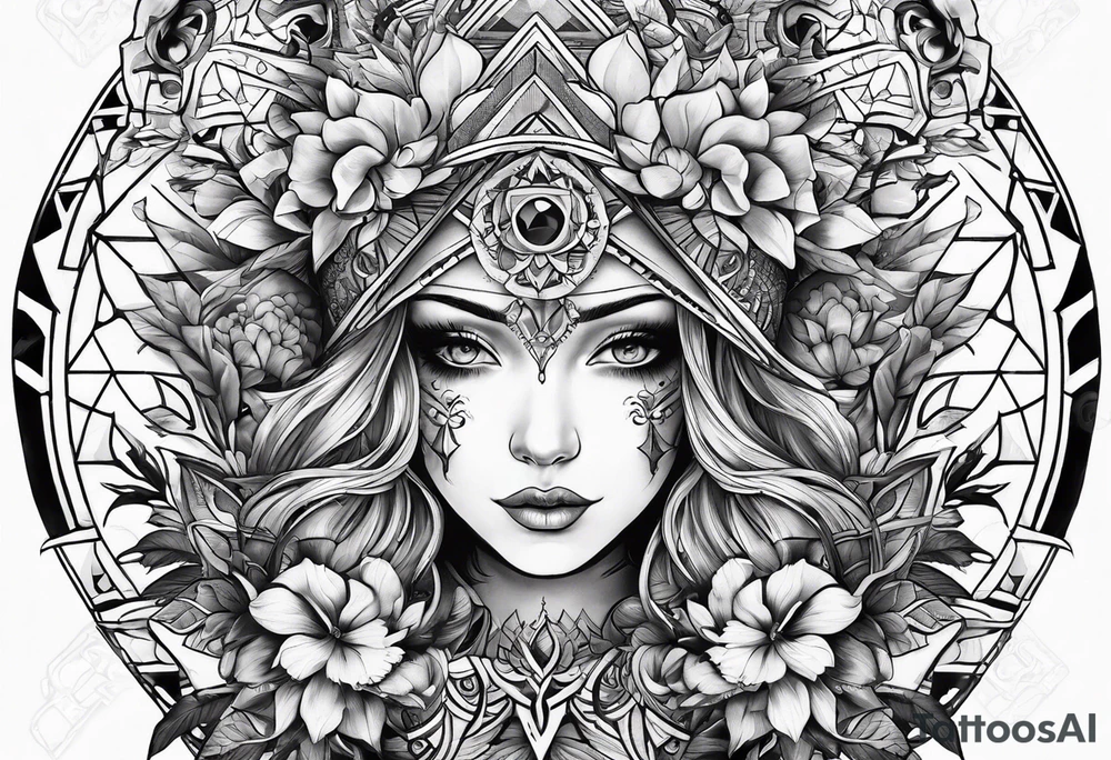 A tattoo that is geometric and incorporates elements of Burning Man and fire and flowers tattoo idea