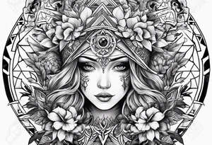 A tattoo that is geometric and incorporates elements of Burning Man and fire and flowers tattoo idea