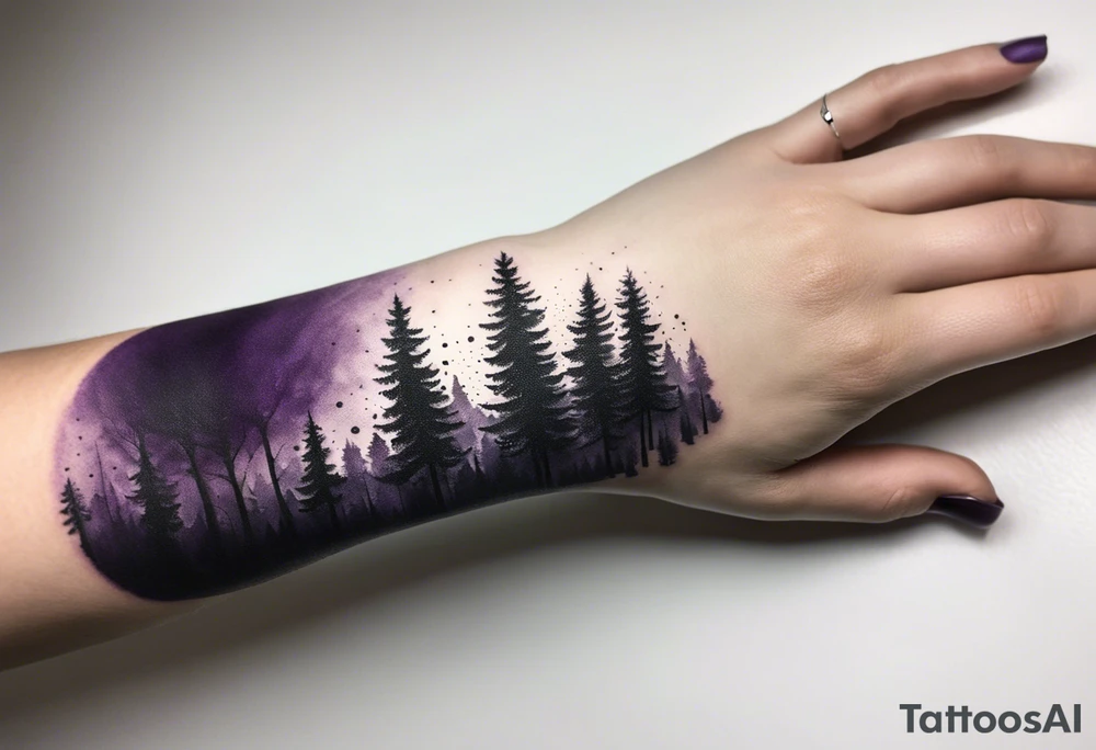 forest, abstract, on hand, no people, purple and black, full, whole wrist wrapped tattoo idea