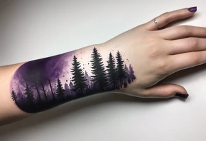forest, abstract, on hand, no people, purple and black, full, whole wrist wrapped tattoo idea
