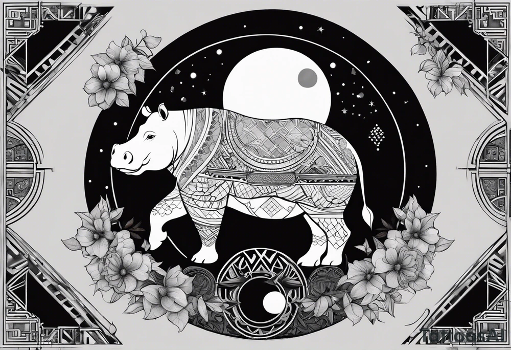 Very asymmetrical, +geometric pattern, with realistic full moon, with hippo,+tribal, +geometric, +inkart , +blackwork, +grey scale, + sketch
with wintersweet flower bud, +inkart touch, +for men, detailed , combined favourite , tattoo idea