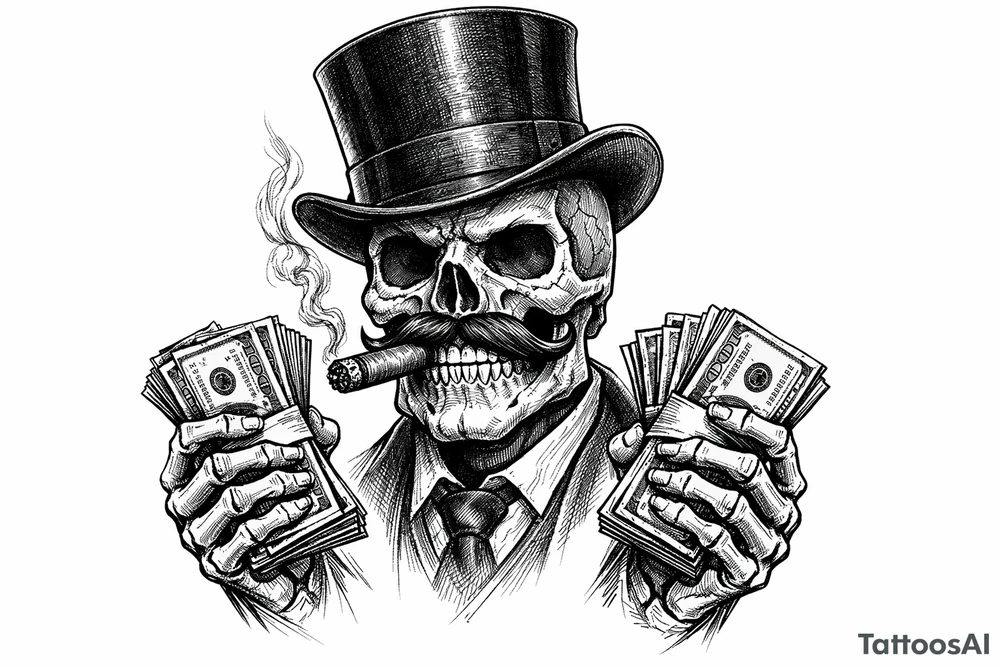 skull with mustache,top-hat,cigar in his mouth,money in both hands. tattoo idea