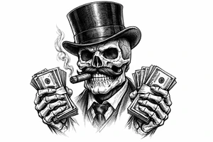 skull with mustache,top-hat,cigar in his mouth,money in both hands. tattoo idea