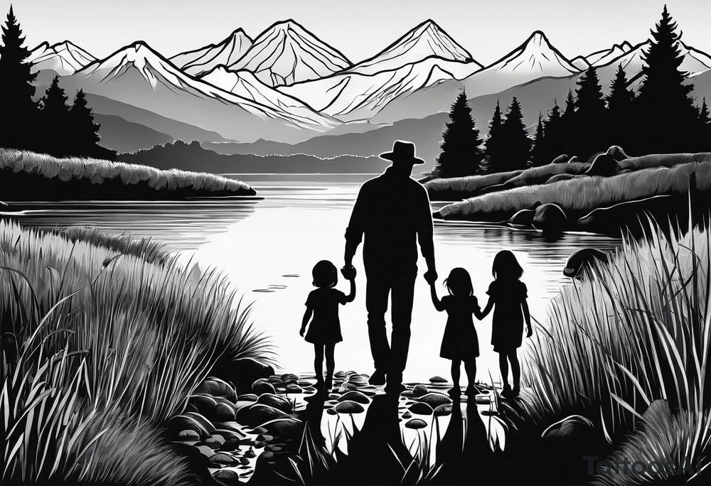 Family silhouette of a father, a mother with long straight blonde hair, grown son, middle daughter, and small daughter foraging mushrooms with mountains and creek in background tattoo idea