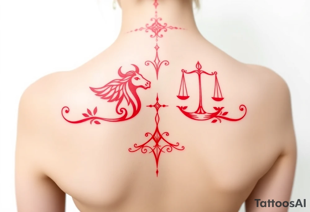 Tattoo that combines the star sign Taurus and Libra ,in red , down the spine tattoo idea