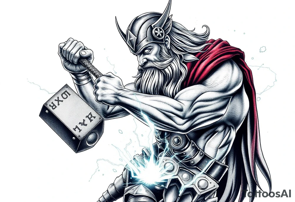 The great viking thor swinging his hammer with runes everywhere and lighting striking the ground with electricity sparking everywhere. tattoo idea