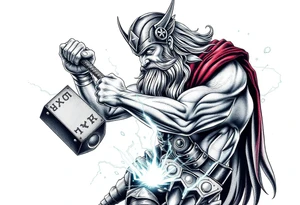 The great viking thor swinging his hammer with runes everywhere and lighting striking the ground with electricity sparking everywhere. tattoo idea