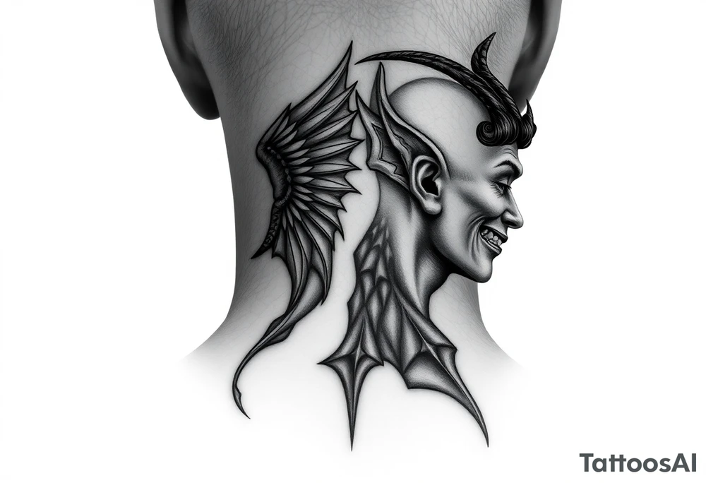 position behind the neck Angel (on the right) whispering in the right ear, demon (on the left) whispering in the left ear. It must be as realistic as possible. tattoo idea