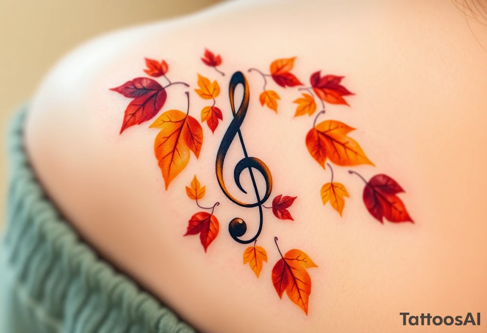 A treble clef surrounded by a cascade of falling autumn leaves, in shades of gold, orange, and deep burgundy, evoking a sense of change and movement tattoo idea