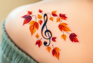 A treble clef surrounded by a cascade of falling autumn leaves, in shades of gold, orange, and deep burgundy, evoking a sense of change and movement tattoo idea