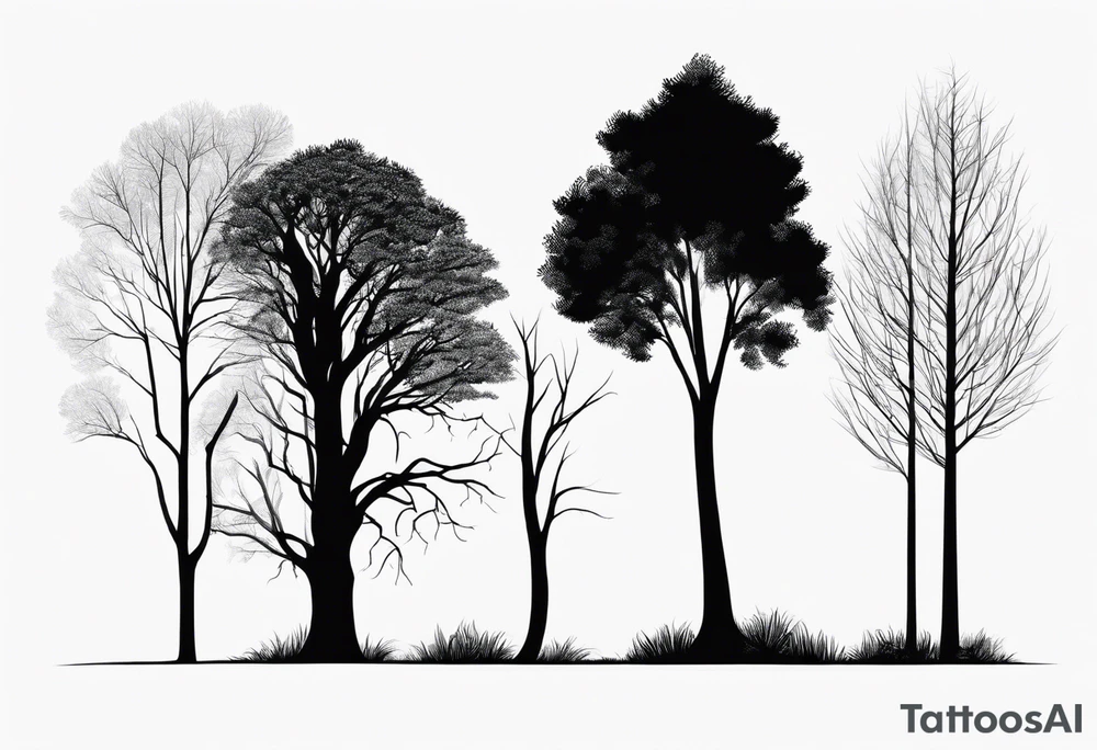 Silhouettes of trees drawn with simple vertical lines, without unnecessary details. For example, three trees of different heights. tattoo idea