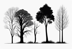 Silhouettes of trees drawn with simple vertical lines, without unnecessary details. For example, three trees of different heights. tattoo idea