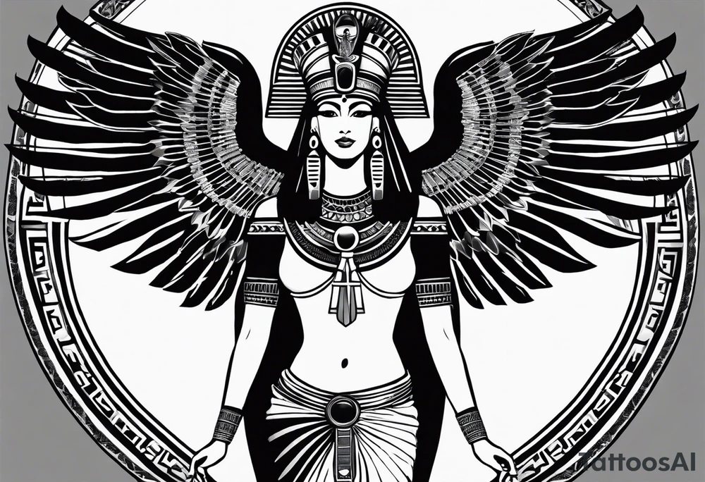 black and white Egyptian goddess Isis, who is often depicted as a woman with outstretched wings, holding an ankh (a symbol of life) in one hand and a lotus flower in the other. Her headdress often includes a throne or a solar disk. The tattoo design can vary in style and size, but it typically aims to capture the essence of this revered Egyptian deity, emphasizing her beauty, power, and maternal qualities. The choice of colors and additional elements can also be customized to create a unique and visually striking representation of the goddess Isis tattoo idea