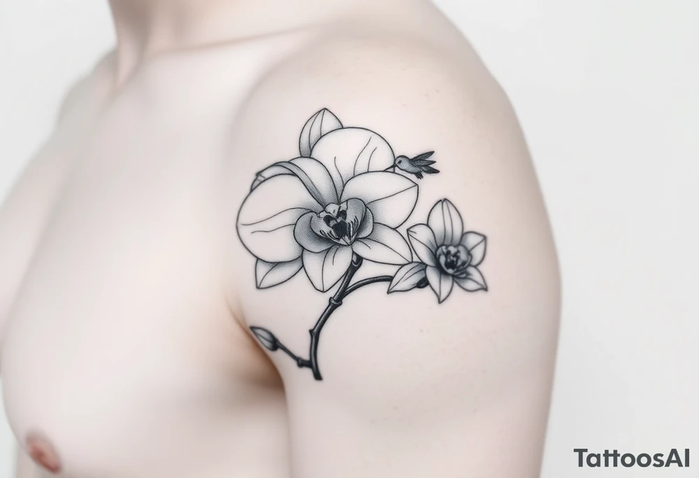 A delicate, black and white fine-line tattoo for male, featuring gracefully detailed 2 orchids in full bloom including their stems, with soft, intricate petals and elegant curves. Beside it, a hummingbird hovers mid-flight, its wings drawn with subtle motion lines, its slender beak reaching toward the orchid’s center to drink its nectar. on the other flower there is a bee that is resting tattoo idea
