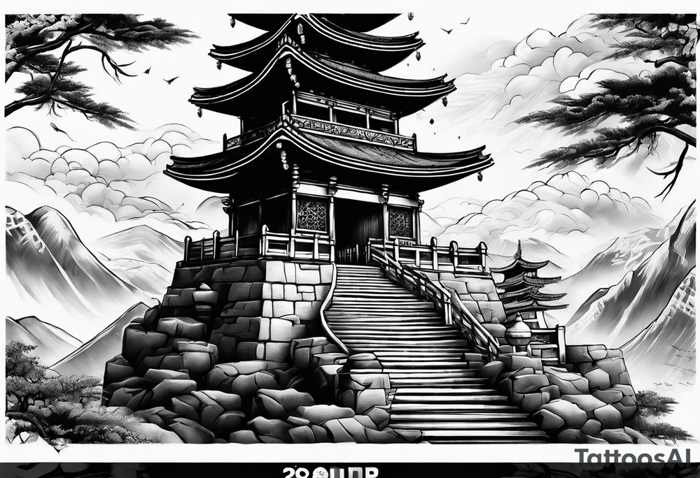 tower with ronin climbing the stairs tattoo idea