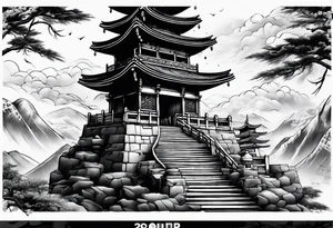 tower with ronin climbing the stairs tattoo idea